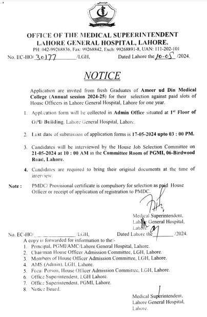 Notice Paid Slots of House Officers - Annual session 2024-25